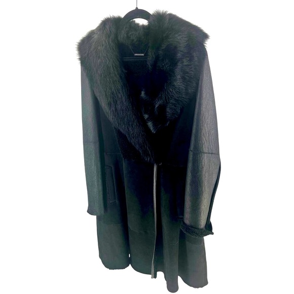 Elie Tahari Black Genuine Shearling Fur Collar Long Coat L - Picture 1 of 13